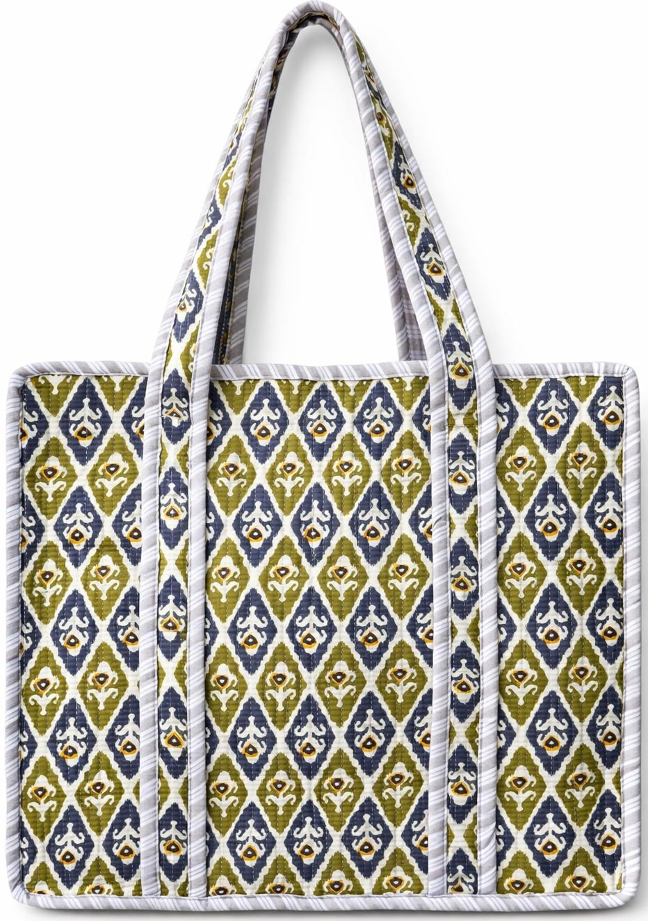Handcrafted Quilted Cotton Tote Bag with Olive Navy Geometric Print