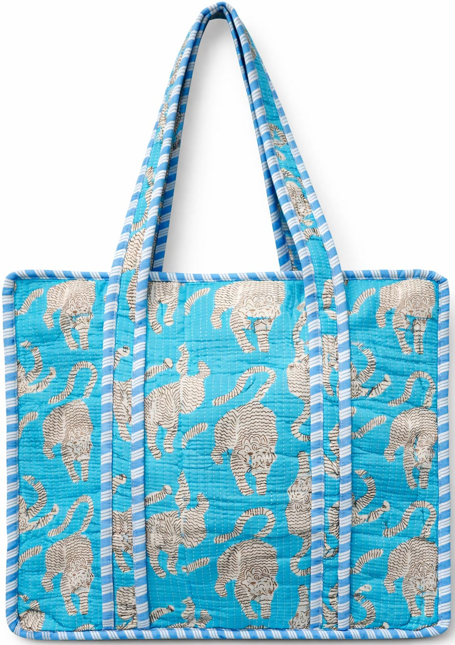 Handcrafted Quilted Cotton Tote Bag with Sky Blue Tiger Print