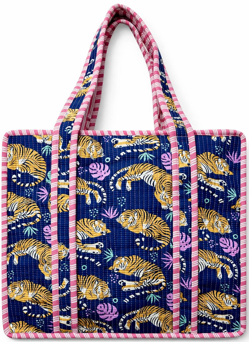 Handcrafted Quilted Cotton Tote Bag with Navy Blue Tiger Print