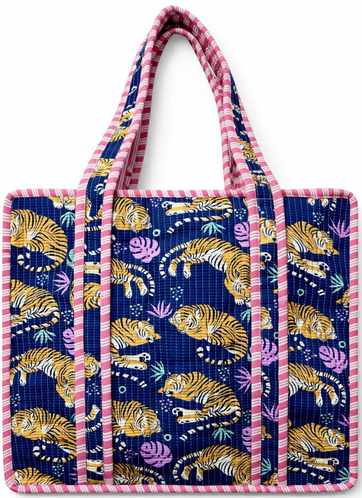 Image of Handcrafted Quilted Cotton Tote Bag with Navy Blue Tiger Print