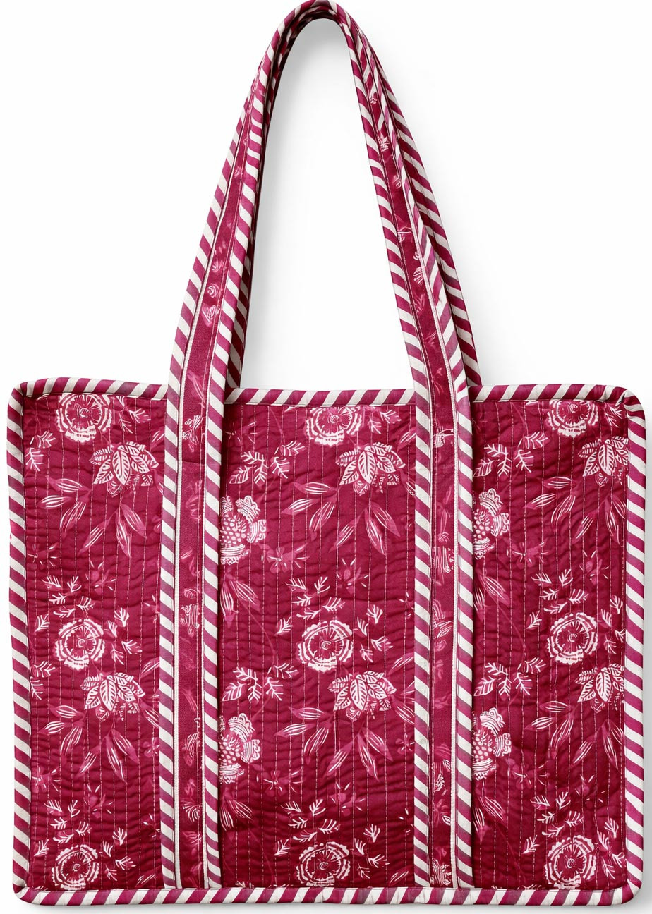 Handcrafted Quilted Cotton Tote Bag with Wine Floral Print
