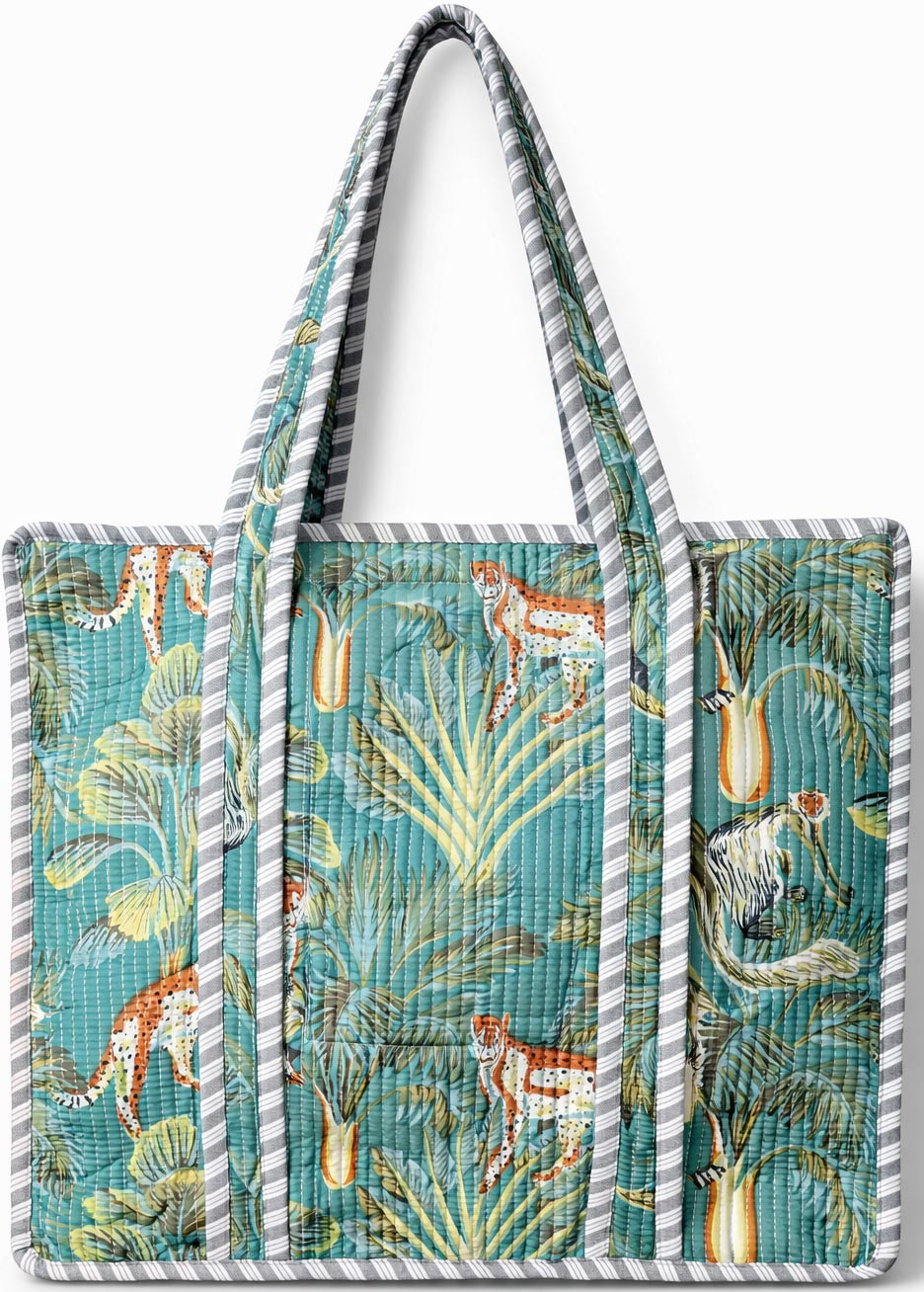 Handcrafted Quilted Cotton Tote Bag with Teal Jungle Print