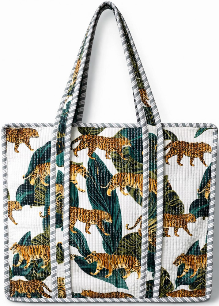 Image of Handcrafted Quilted Cotton Tote Bag with Jungle Animal Print