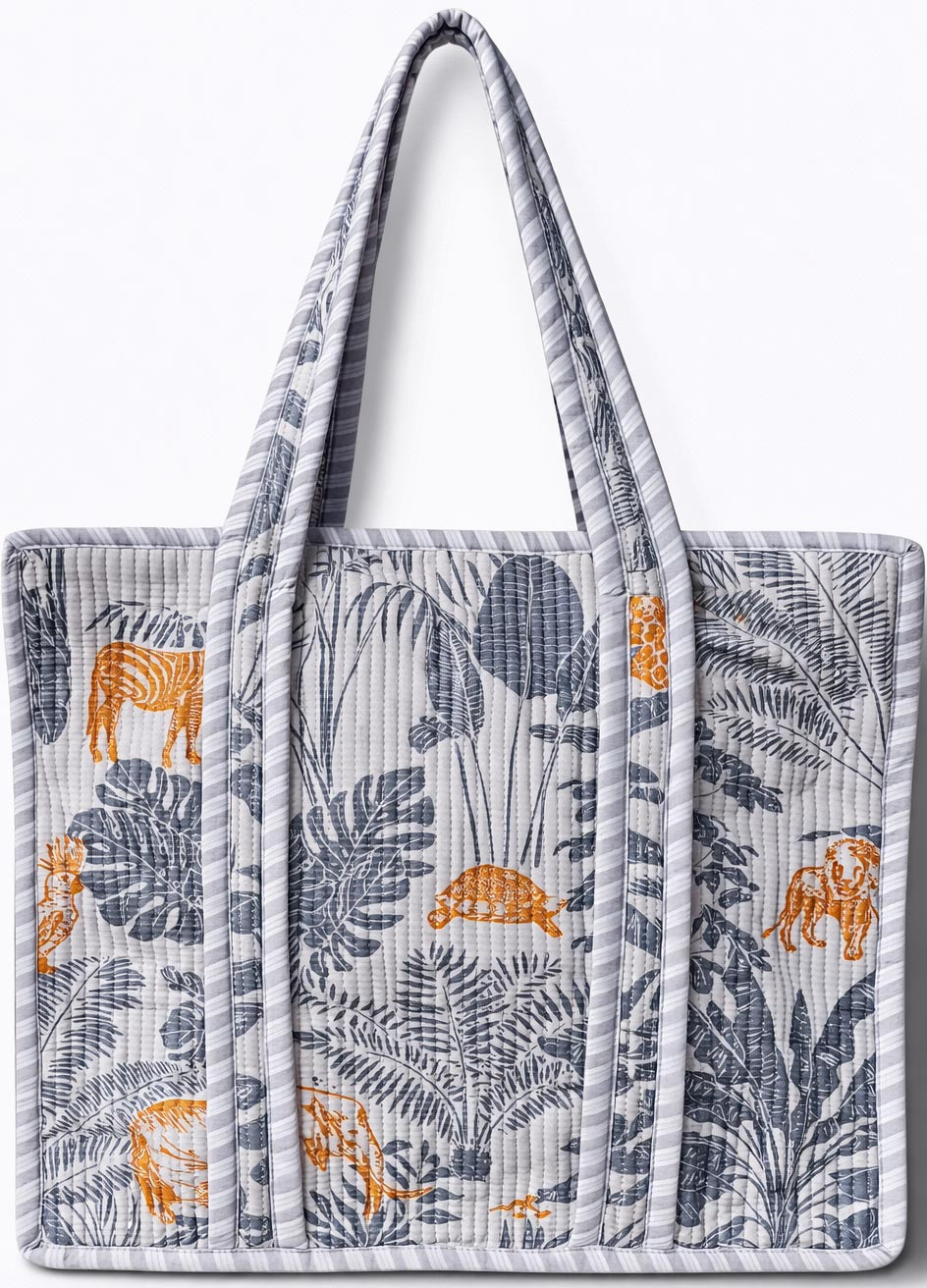Handcrafted Quilted Cotton Tote Bag Grey Jungle Animal Print