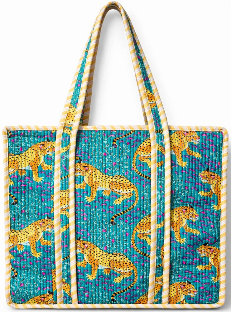 Image of Handcrafted Quilted Cotton Tote Bag with Teal Leopard Print