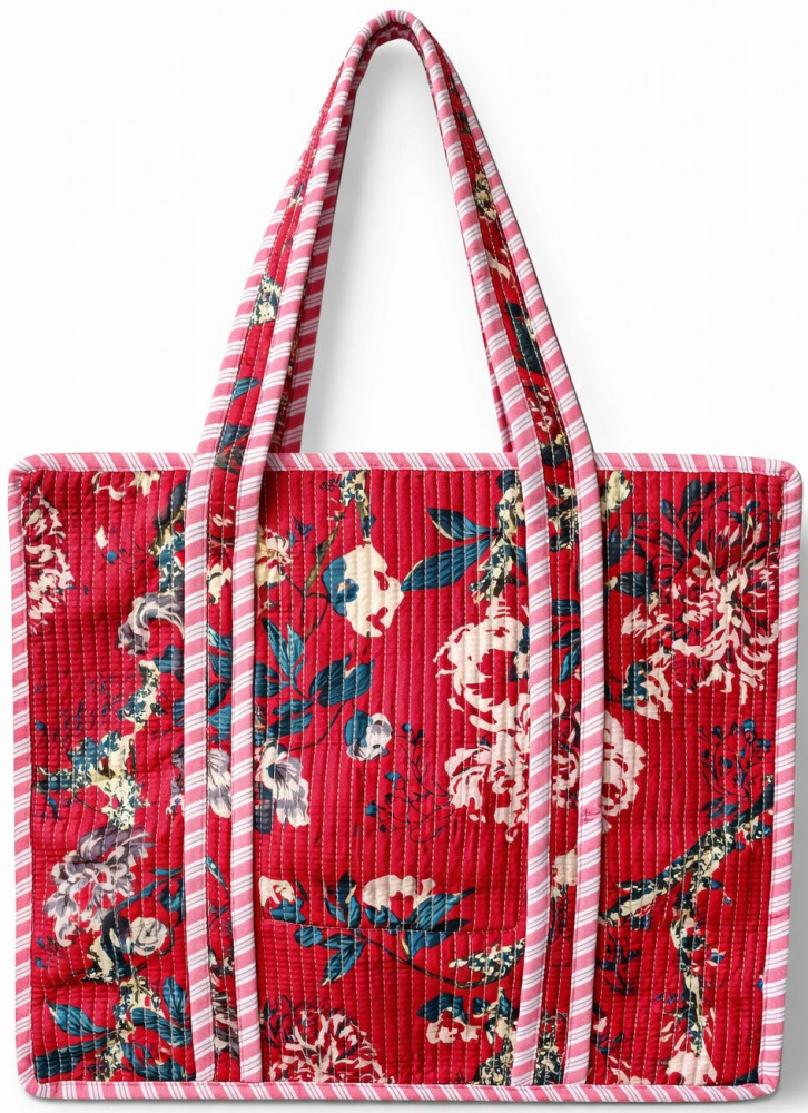 Image of Handcrafted Quilted Cotton Tote Bag with Red Floral Print