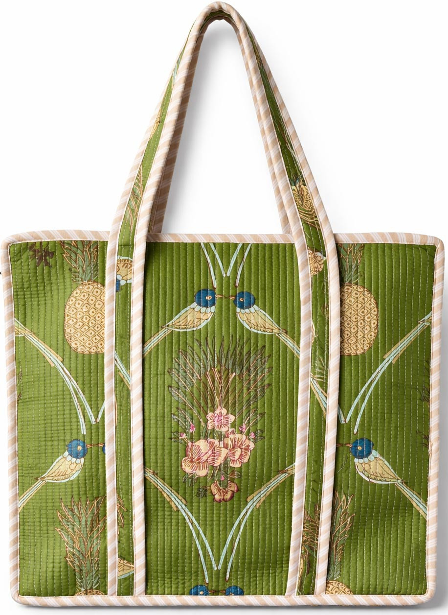 Handcrafted Quilted Cotton Tote Bag with Green Bird Floral Print