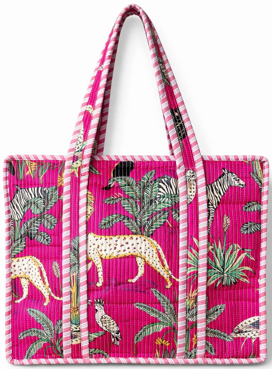 Handcrafted Quilted Cotton Tote Bag with Pink Jungle Wildlife Print