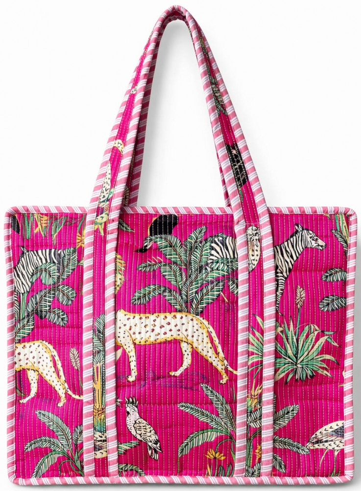 Image of Handcrafted Quilted Cotton Tote Bag with Pink Jungle Wildlife Print