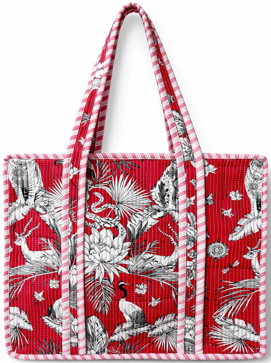 Handcrafted Quilted Cotton Tote Bag with Jungle Wildlife Print