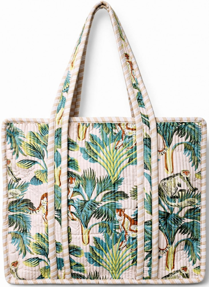 Image of Handcrafted Quilted Cotton Tote Bag with Tropical Jungle Print