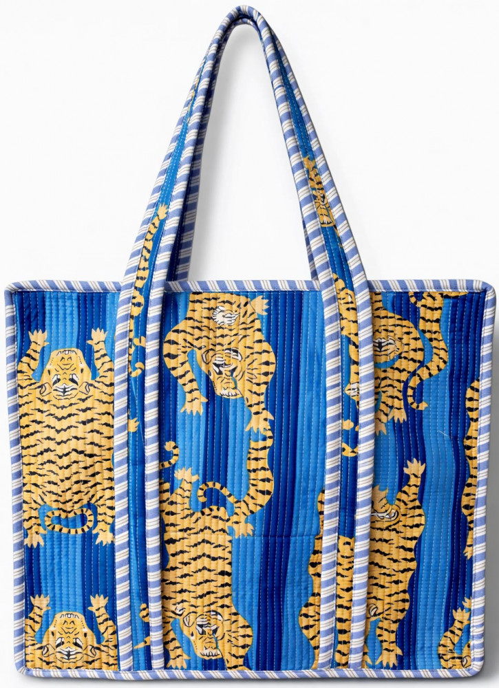 Image of Handcrafted Quilted Cotton Tote Bag with Tiger Print