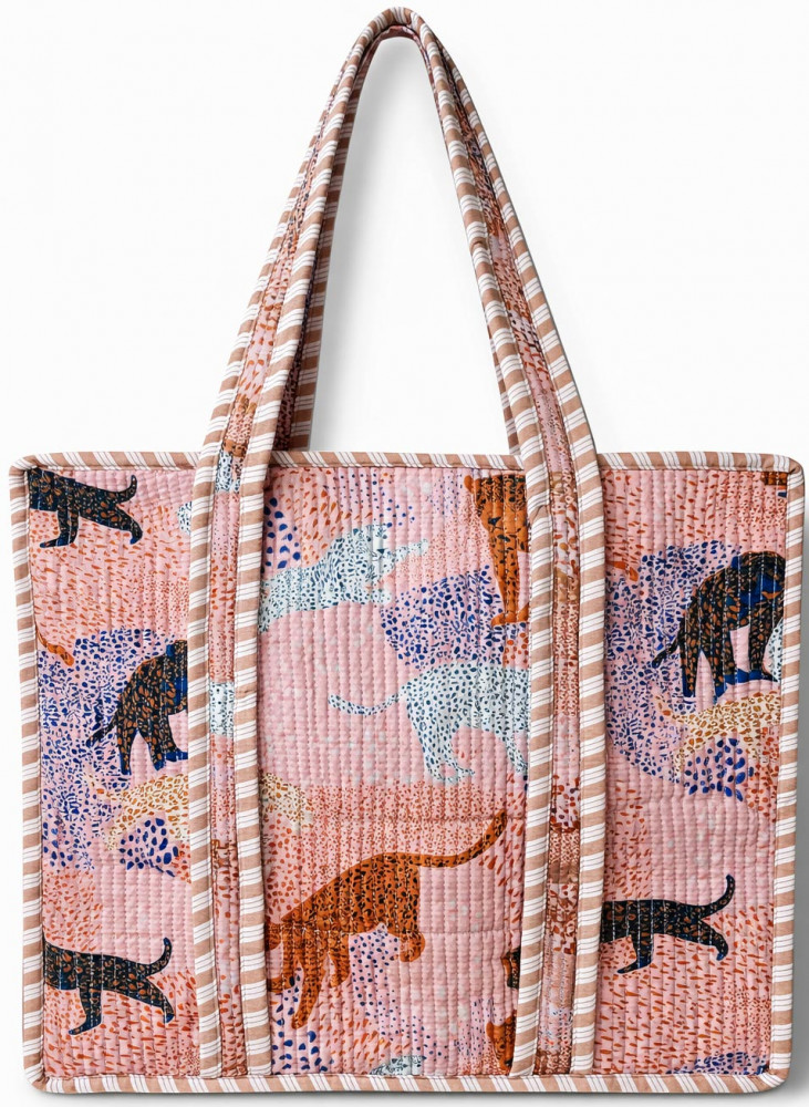 Image of Handcrafted Quilted Cotton Tote Bag with Animal Print