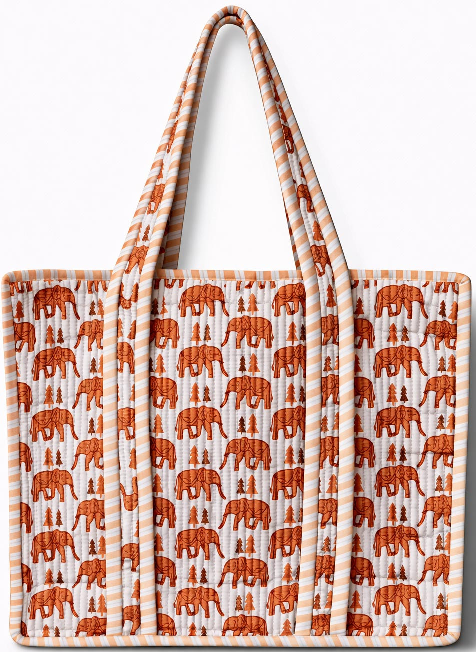 Rust Orange Elephant Print Quilted Cotton Reversible Tote Bag with Zipper