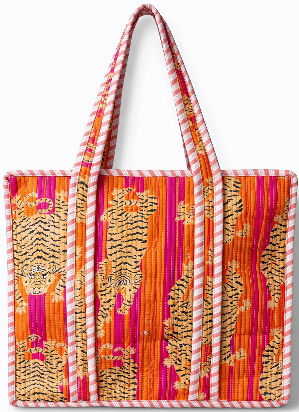 Handcrafted Quilted Cotton Tote Bag with Tiger Stripe Print