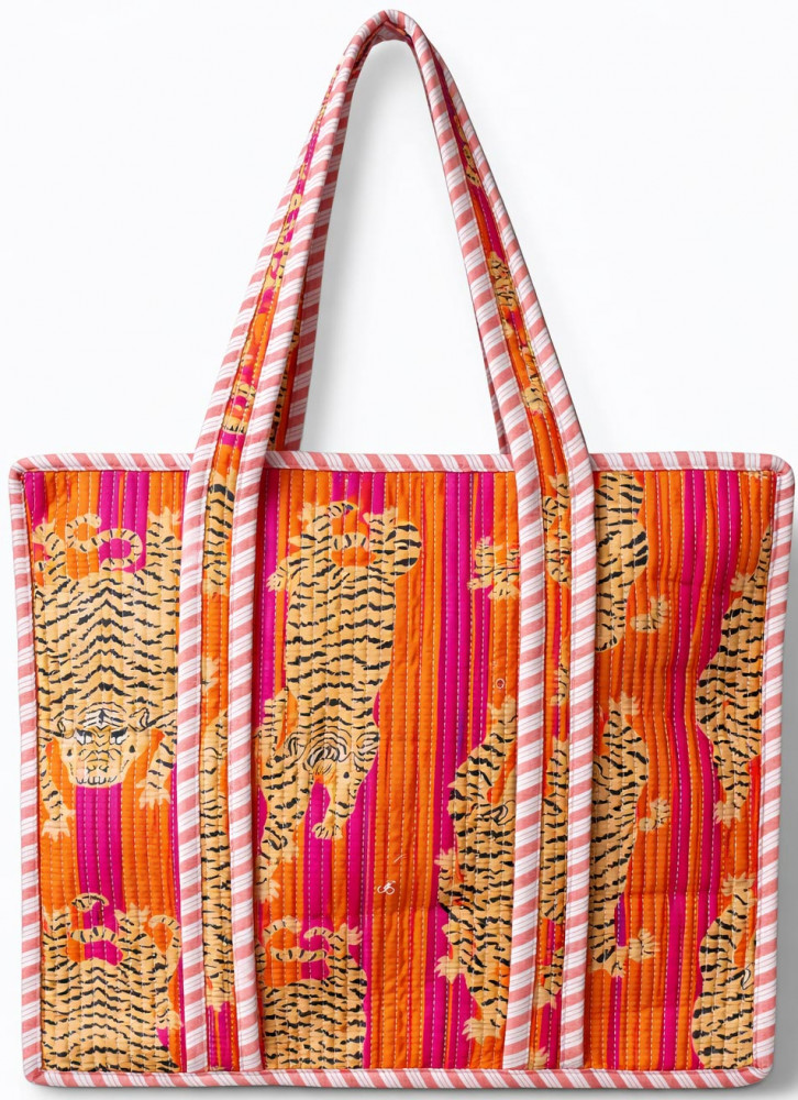 Image of Handcrafted Quilted Cotton Tote Bag with Tiger Stripe Print