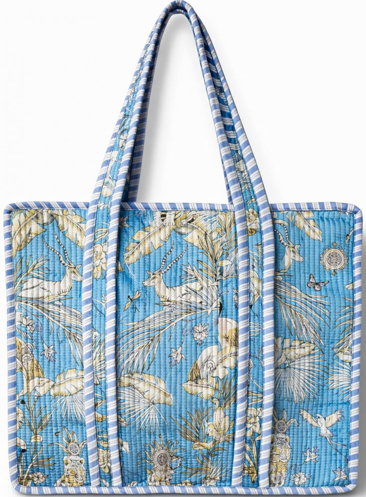 Image of Handcrafted Quilted Cotton Tote Bag with Deer Tropical Print