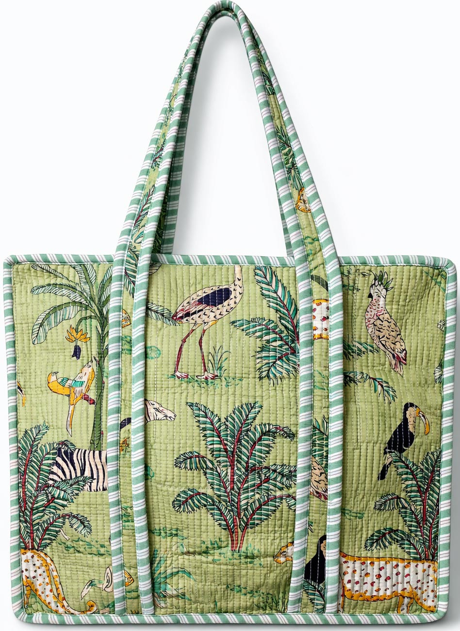 Handcrafted Quilted Cotton Tote Bag with Jungle Animal Print