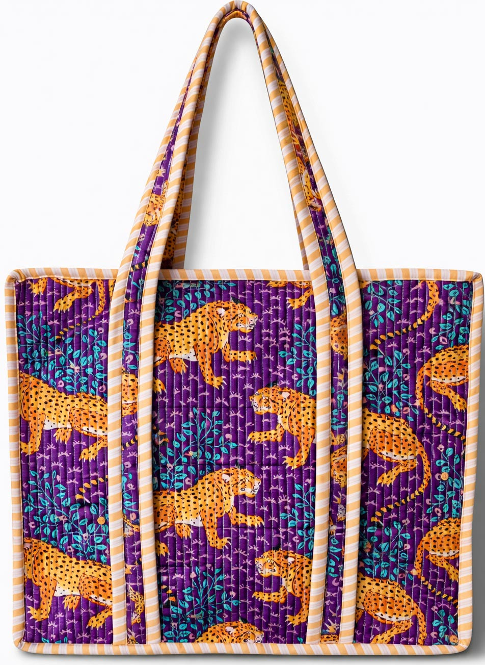 Handcrafted Quilted Cotton Tote Bag with Leopard Print