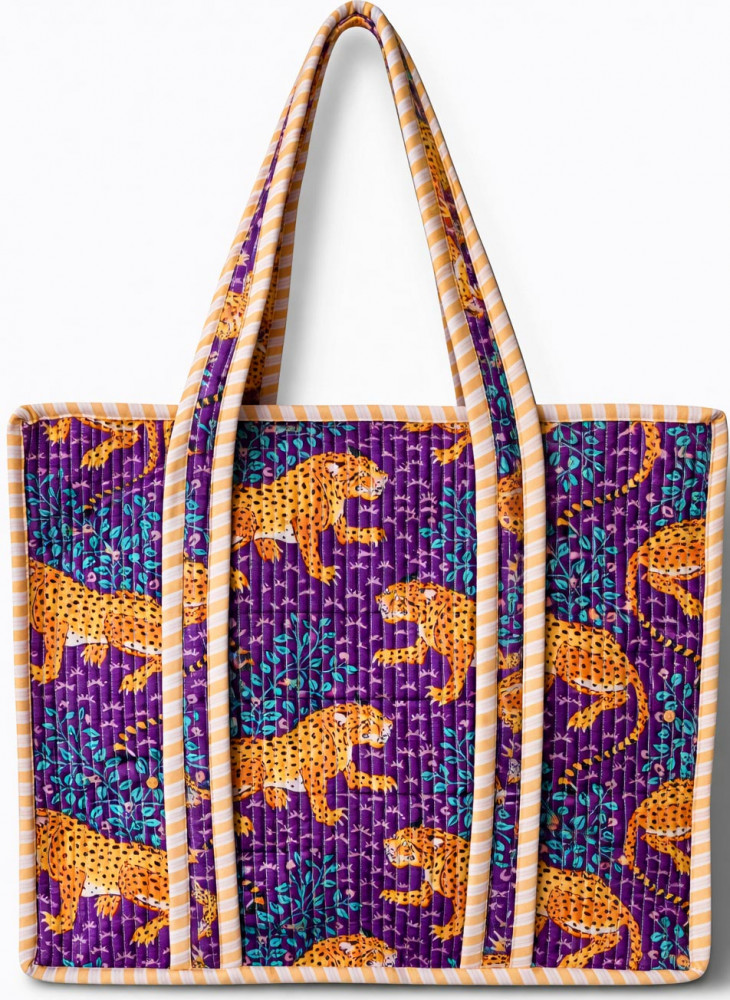 Image of Handcrafted Quilted Cotton Tote Bag with Leopard Print