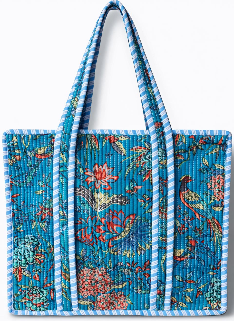Handcrafted Quilted Cotton Tote Bag with Bird Floral Print