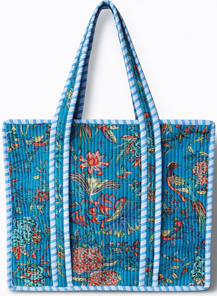 Image of Handcrafted Quilted Cotton Tote Bag with Bird Floral Print