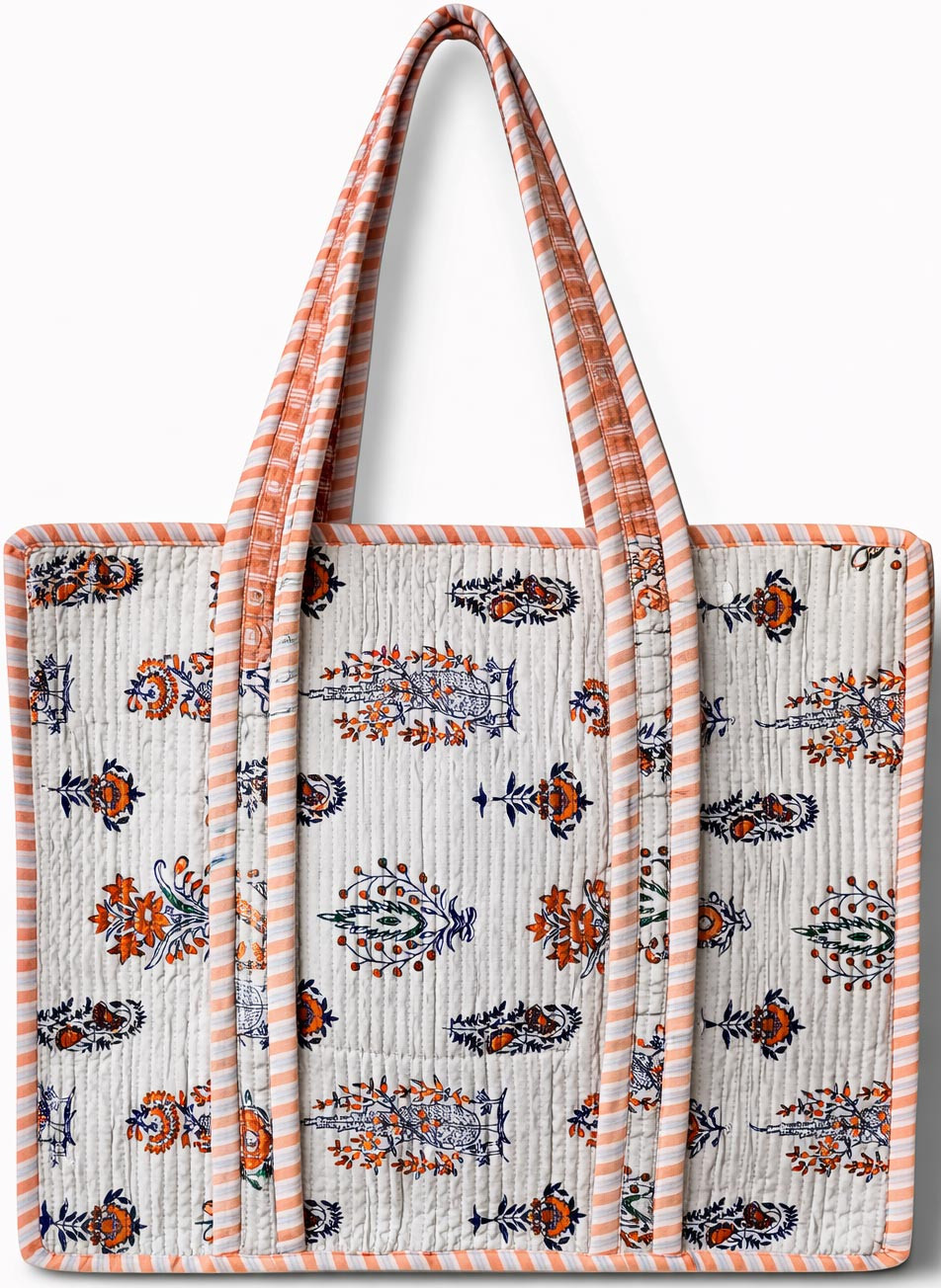 Handcrafted Quilted Cotton Tote Bag with Floral Block Print