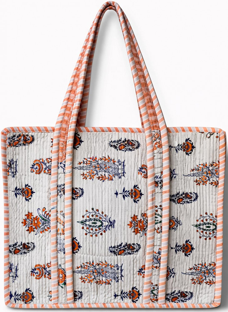 Image of Handcrafted Quilted Cotton Tote Bag with Floral Block Print