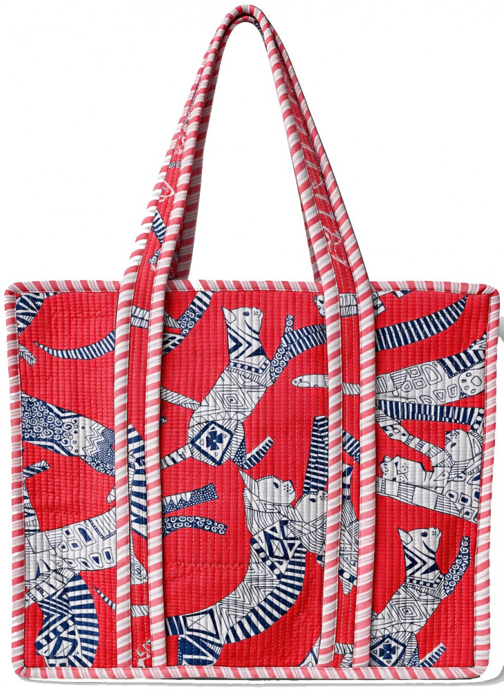 Image of Handcrafted Quilted Cotton Tote Bag with Red Animal Print