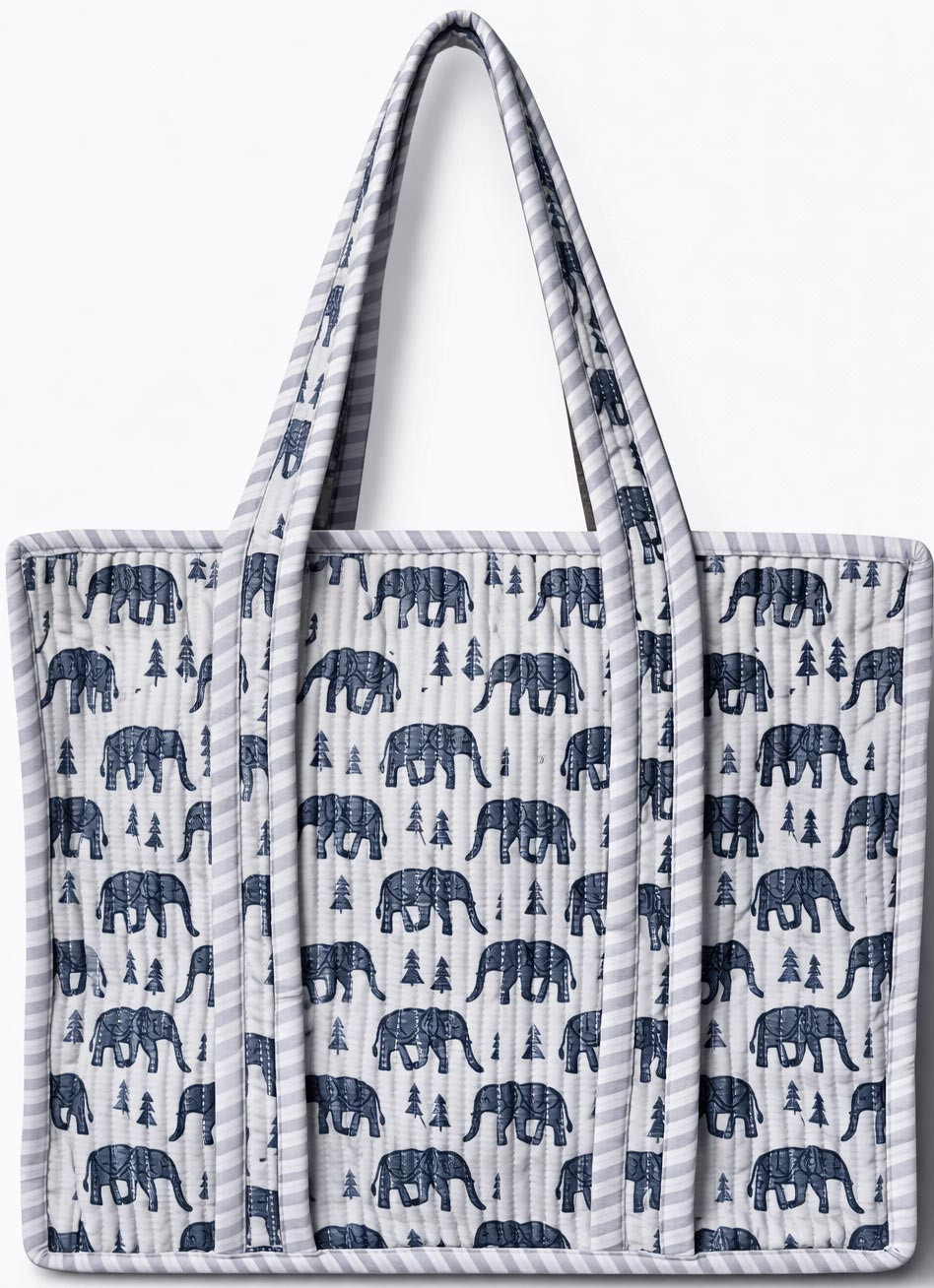 Grey  Mustard Safari Print Quilted Cotton Reversible Tote Bag with Zipper