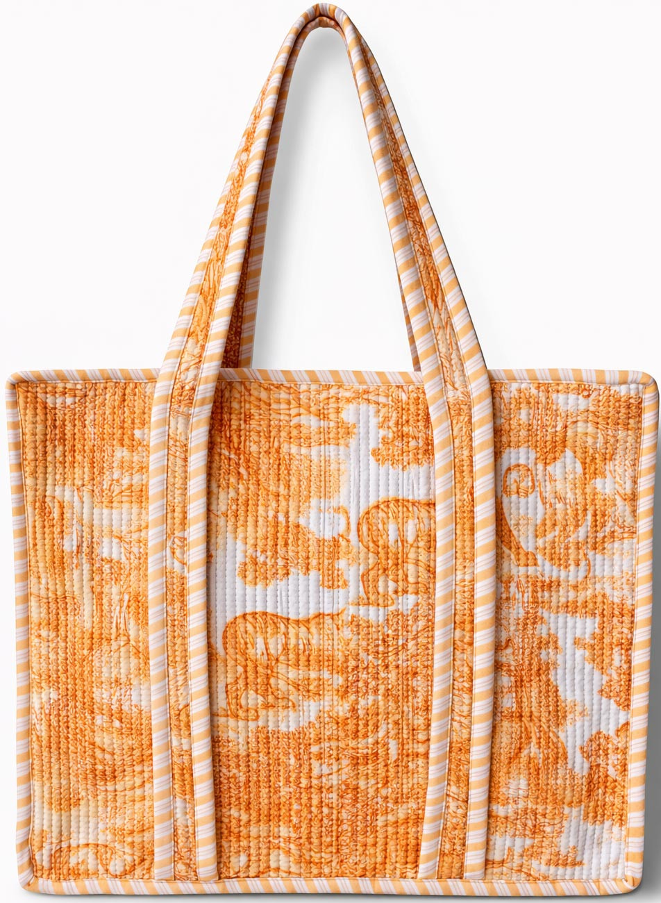 Handcrafted Quilted Cotton Tote Bag with Orange Toile Print
