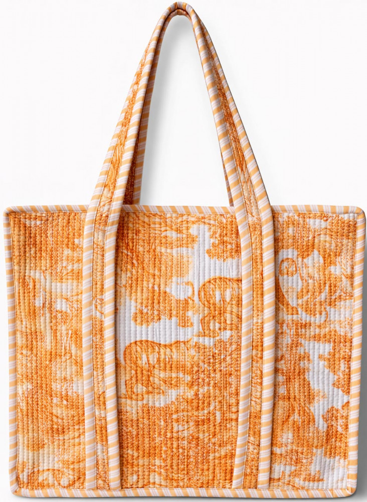 Image of Handcrafted Quilted Cotton Tote Bag with Orange Toile Print