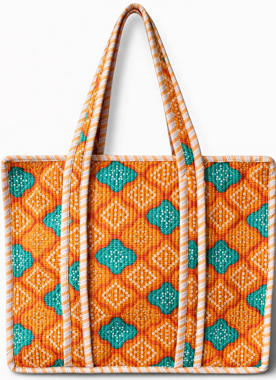 Handcrafted Quilted Cotton Tote Bag with Orange Geometric Print
