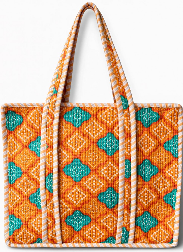 Image of Handcrafted Quilted Cotton Tote Bag with Orange Geometric Print