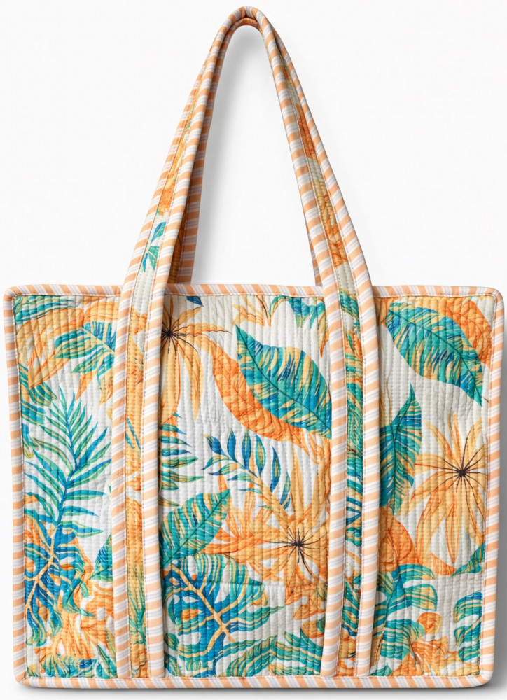 Image of Handcrafted Quilted Cotton Tote Bag with Tropical Leaf Print