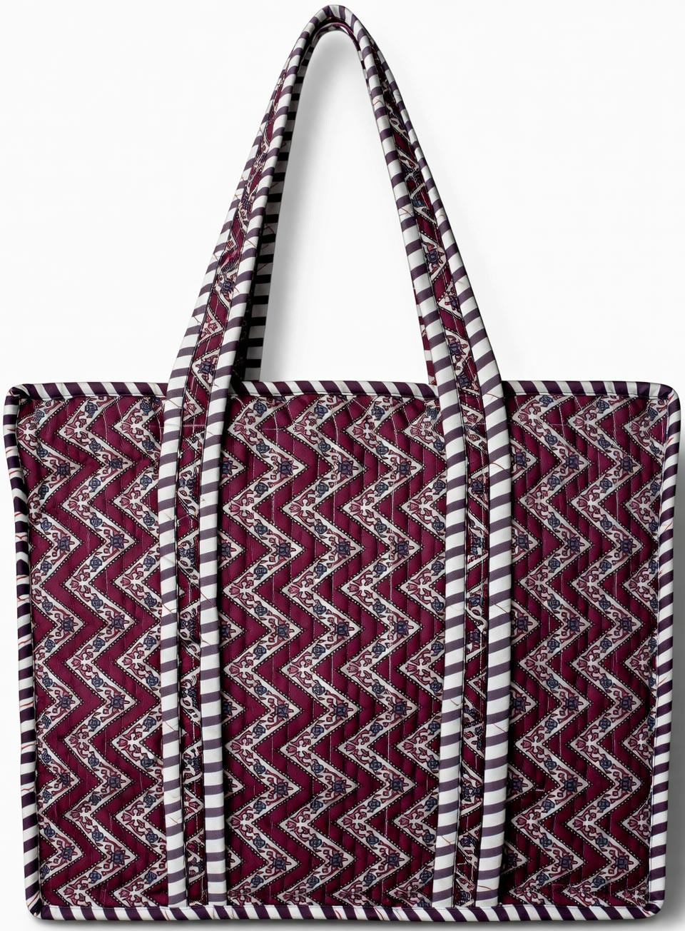 Handcrafted Quilted Cotton Tote Bag with Maroon Zigzag Print