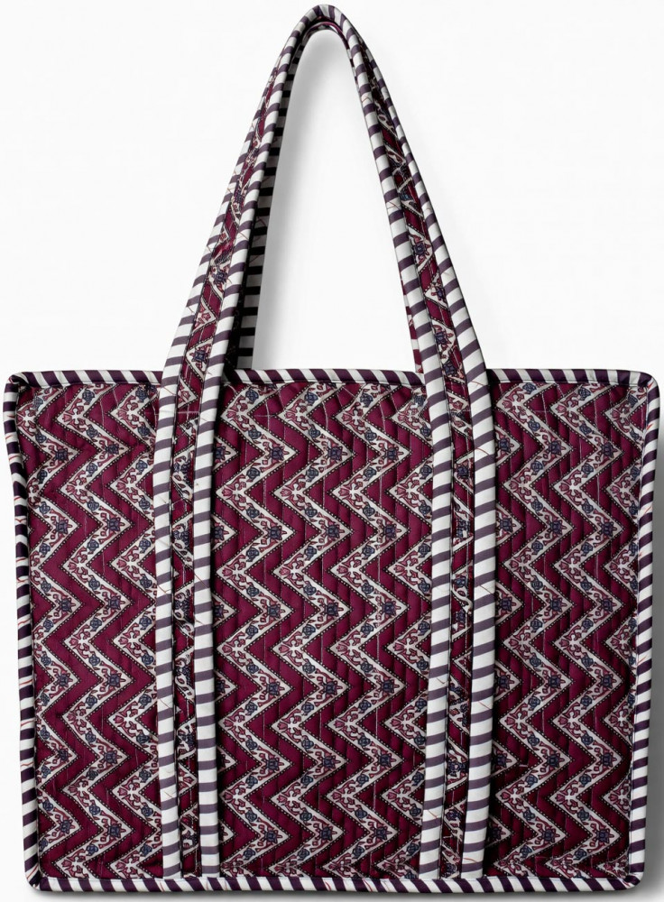 Image of Handcrafted Quilted Cotton Tote Bag with Maroon Zigzag Print