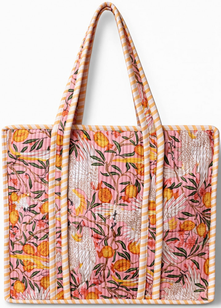 Image of Handcrafted Quilted Cotton Tote Bag with Bird Floral Print