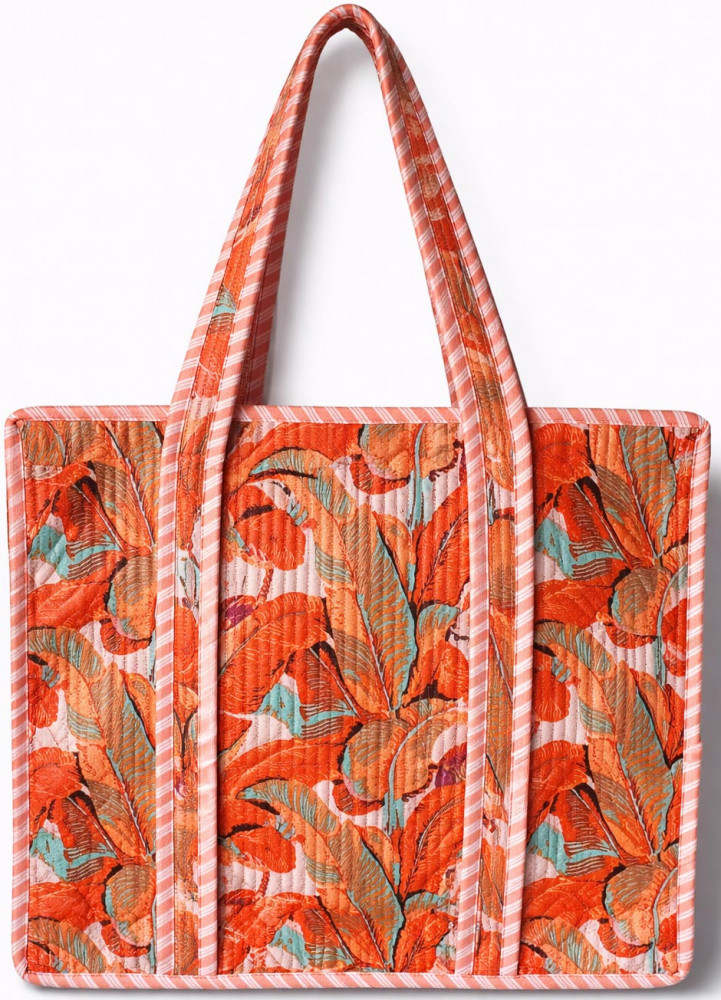 Image of Handcrafted Quilted Cotton Tote Bag with Orange Leaf Print