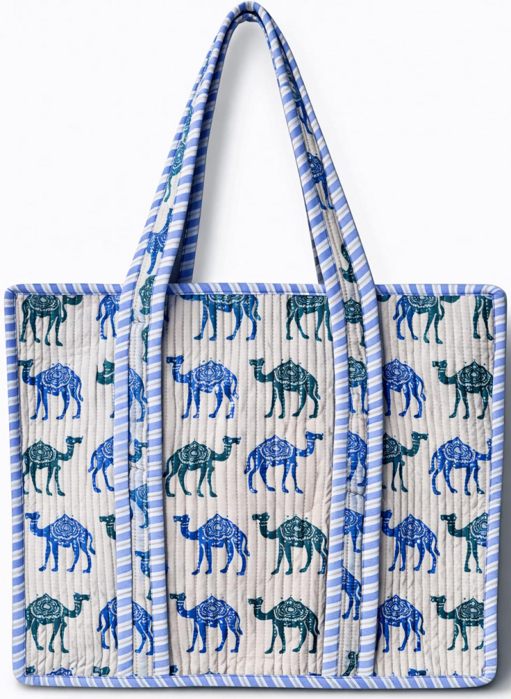 Image of Indigo and Teal Camel Print Quilted Cotton Tote Bag with Zipper