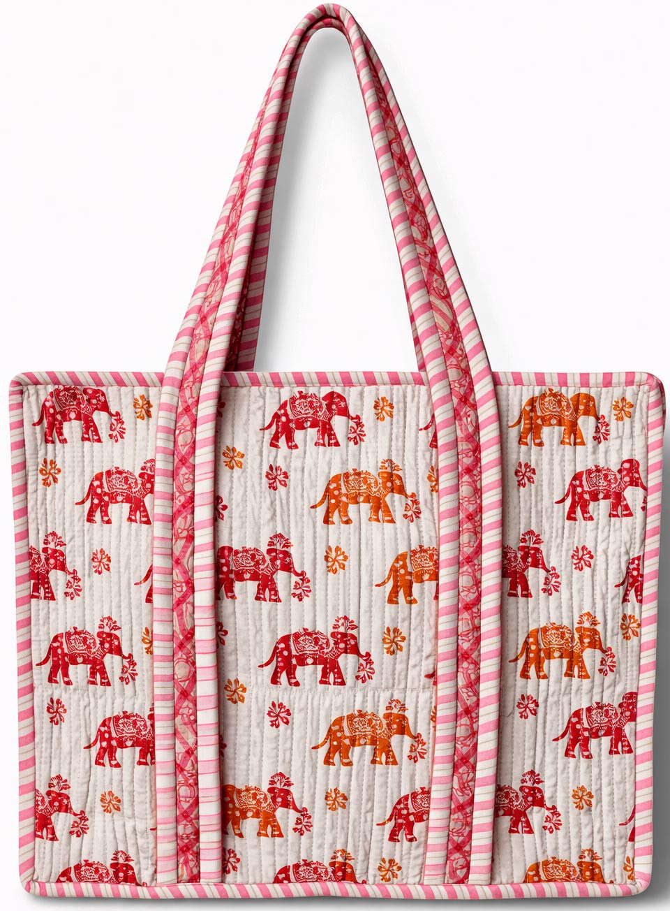 Rust Orange Elephant Print Quilted Cotton Tote Bag with Zipper