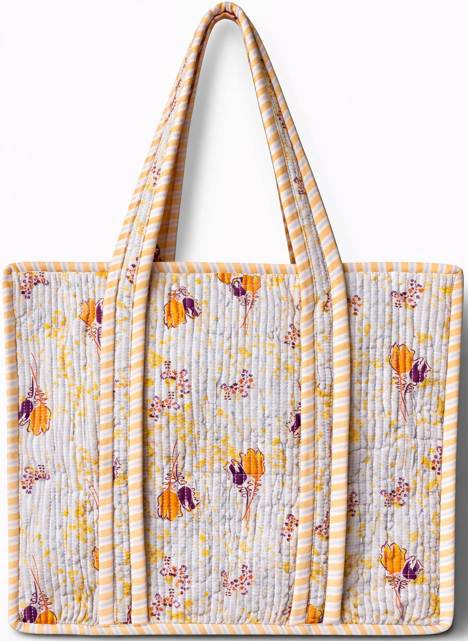 Grey  Mustard Safari Print Quilted Cotton Reversible Tote Bag with Zipper