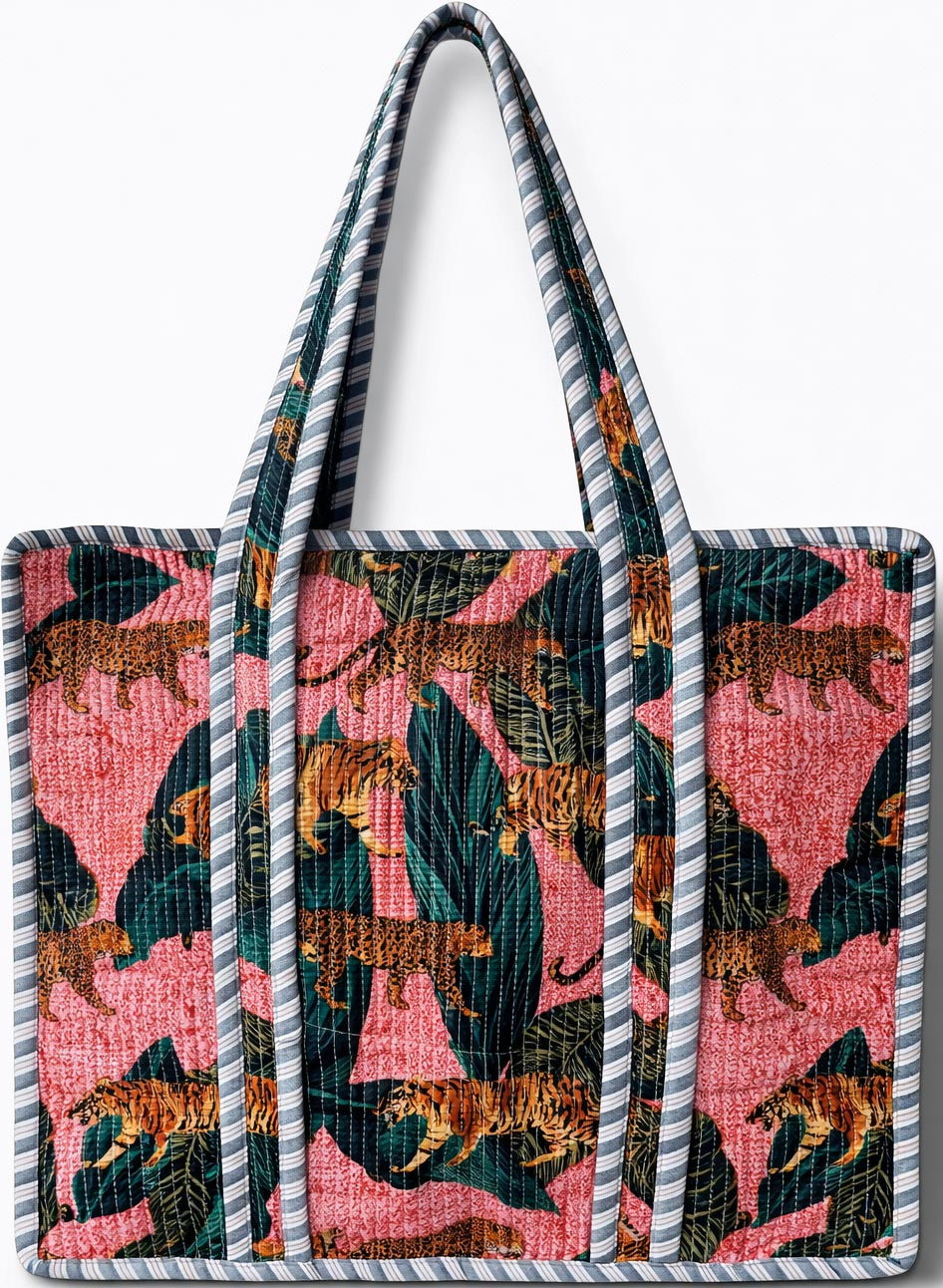 Grey  Mustard Safari Print Quilted Cotton Reversible Tote Bag with Zipper