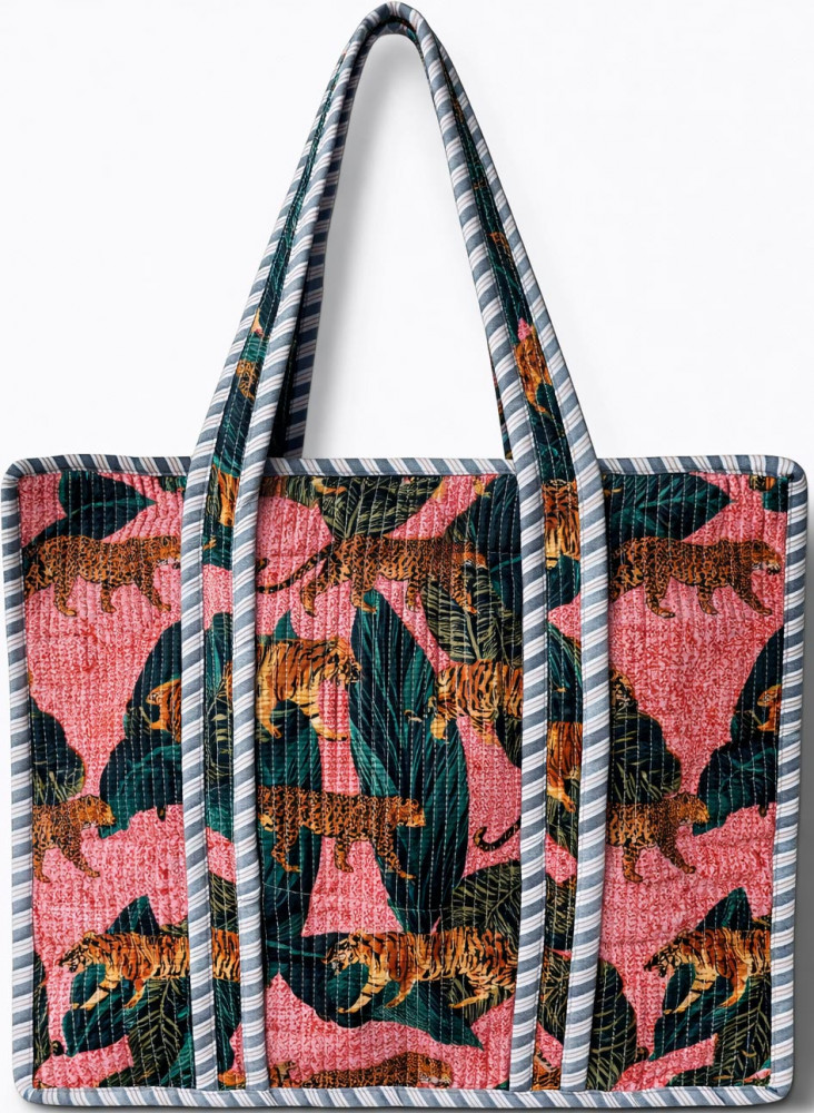 Image of Grey &amp; Mustard Safari Print Quilted Cotton Reversible Tote Bag with Zipper