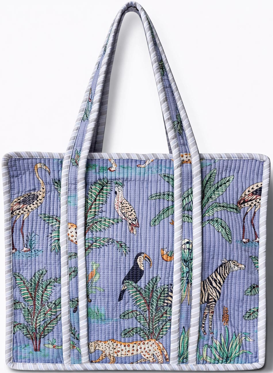 Grey  Mustard Safari Print Quilted Cotton Reversible Tote Bag with Zipper