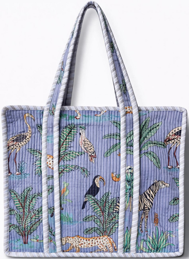 Image of Grey &amp; Mustard Safari Print Quilted Cotton Reversible Tote Bag with Zipper