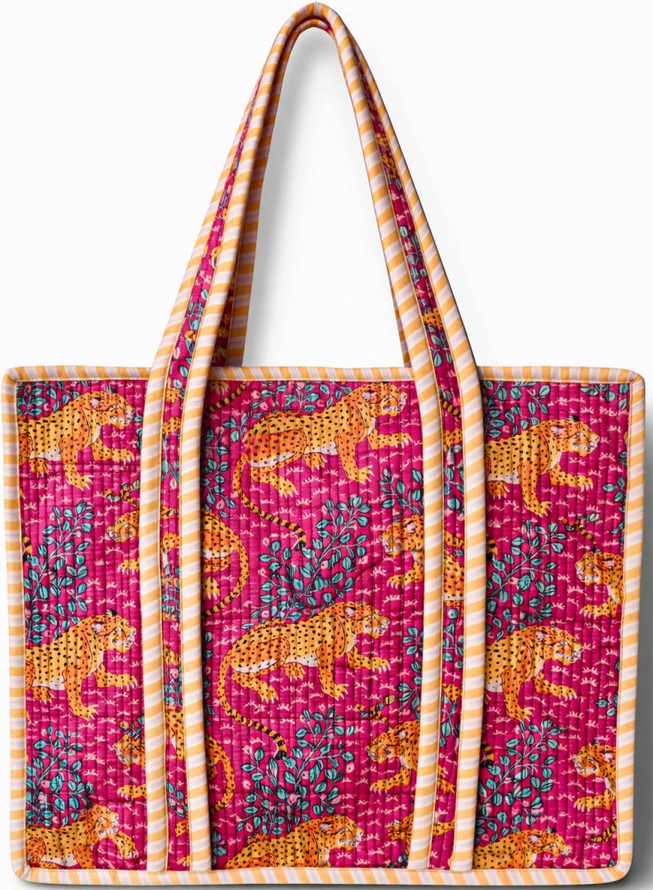 Image of Grey &amp; Mustard Safari Print Quilted Cotton Reversible Tote Bag with Zipper