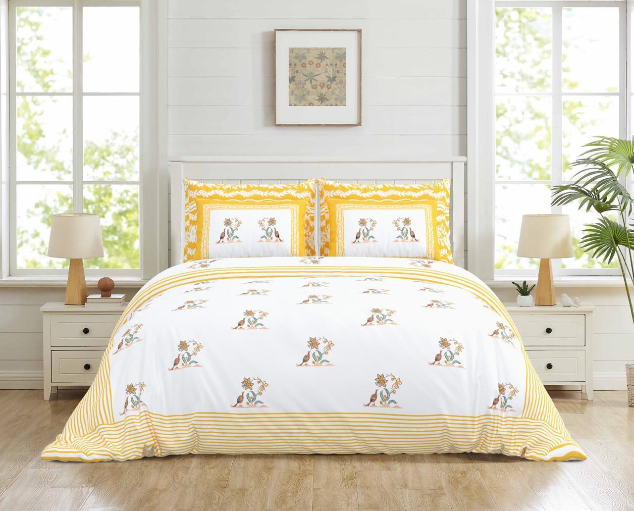Sunshine Yellow Peacock Motif Pure Cotton Double Bedsheet - 100108 Inches