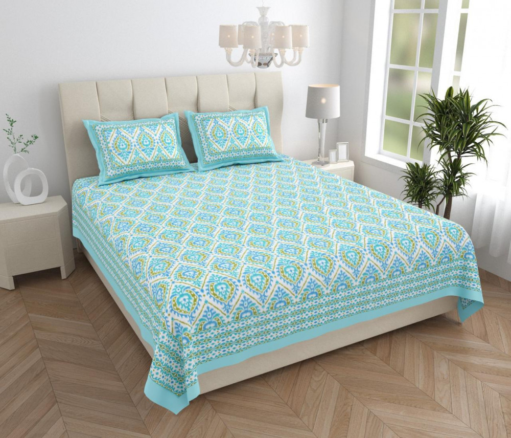 Image of Aqua Blue Ikat Block Print Cotton Double Bedsheet with 2 Pillow Covers