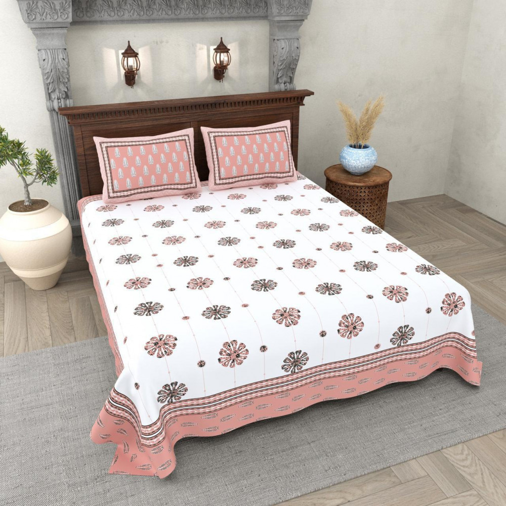 Image of Floral Medallion Print Cotton Double Bedsheet White with Blush Pink Border Jaipuri Style